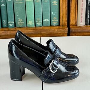Marc Fisher Black Patent Faux Leather "Caila" Buckle Chunky Heel Loafer Sz 6.5